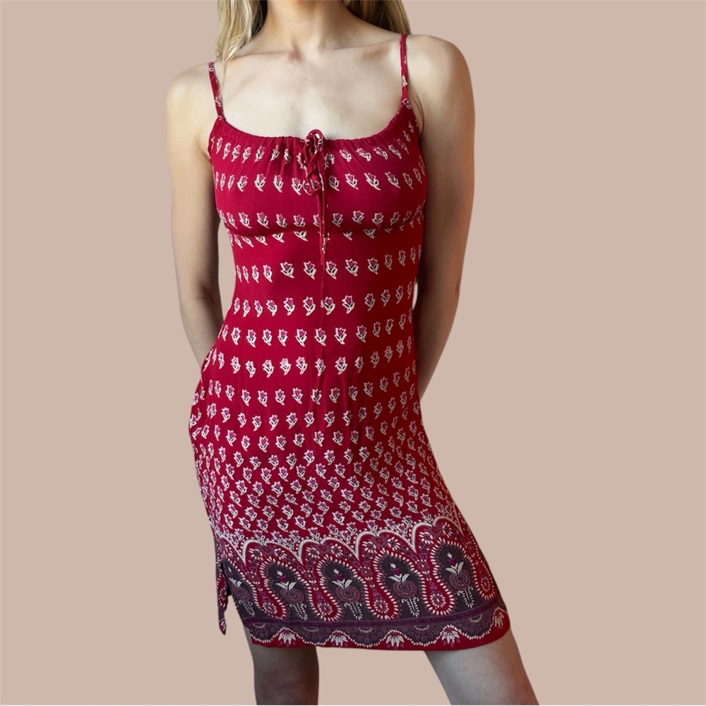 Urban Life Y2K Rayon Boho Red Patterned Sleeveless babydoll Dress